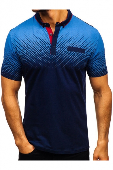 Summer Men's 3D Print Patch Chest Contrast Trim Lapel Collar Short Sleeve Slim Fit Polo Shirt