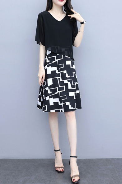 Summer New Trendy V-Neck Geometric Printed Black Mini A-Line Dress