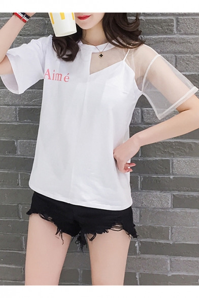 Summer Simple Letter AIME Print Mesh Panel Short Sleeve Casual Loose T-Shirt