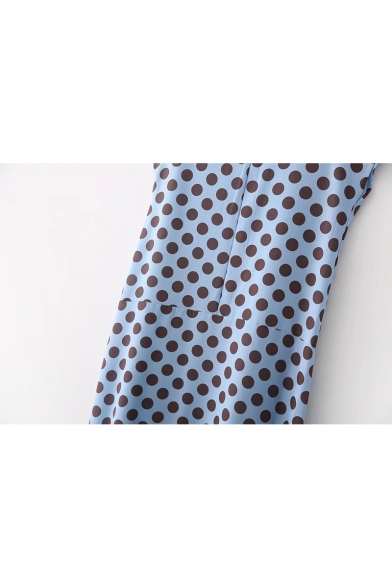 Summer Trendy Blue Polka Dot Printed Round Neck Short Sleeve Pleated Maxi Dress