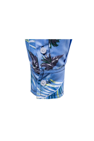 Summer Trendy Hawaiian Pineapple Printed Long Sleeve Blue Button Up Fitted Shirt for Men