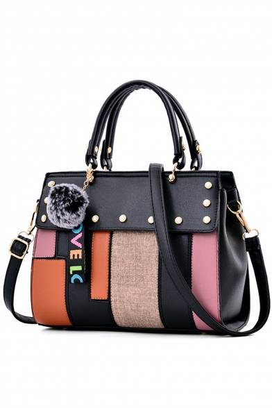Trendy Color Block Leather Patched Letter Ribbon Plush Ball Rivet Embellishment Work Satchel Handbag 28*14*22 CM