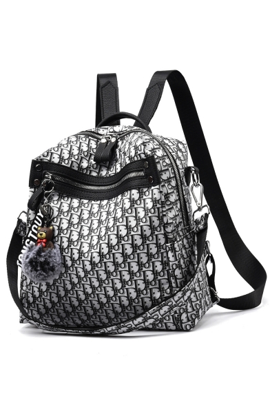 Trendy Printed Zipper Ribbon Plush Ball Embellishment Shoulder Bag Backpack