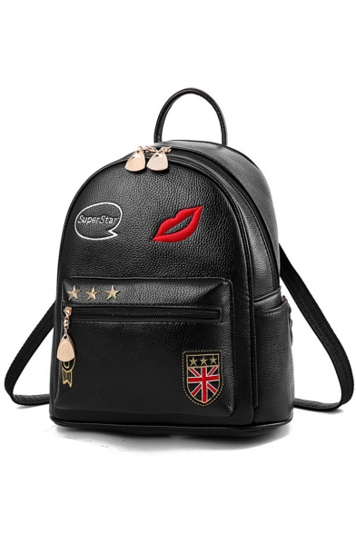 Trendy Red Lip Badge Letter SUPER STAR Embroidery Pattern School Bag Backpack 24*13*27 CM