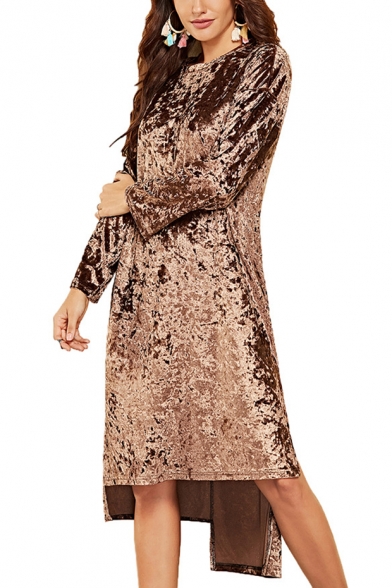 Trendy Solid Color Round Neck Long Sleeve Split Side Midi Casual Asymmetrical Velvet Dress