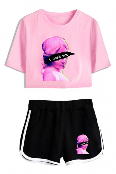 Trendy Vaporwave Figure Letter I NEED YOU Cropped Tee with Sport Loose Dolphin Shorts Two-Piece Set