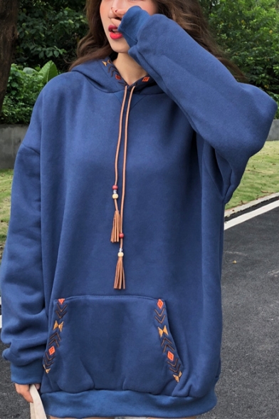 

Tribal Printed Drawstring Hood Long Sleeve Oversized Pocket Hoodie, Royal blue;apricot, LM530873