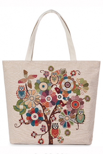 Unique Colored Floral Tree Pattern Beige Canvas Shoulder Tote Bag 35*10*38 CM