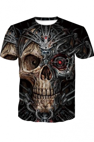 Unique Cool Iron Skull Pattern Short Sleeve Round Neck Black T-Shirt