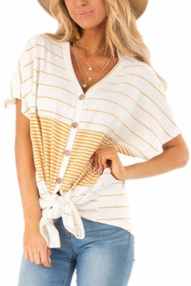 V-Neck Short Sleeve Fashion Striped Printed Tied Hem Casual T-Shirt