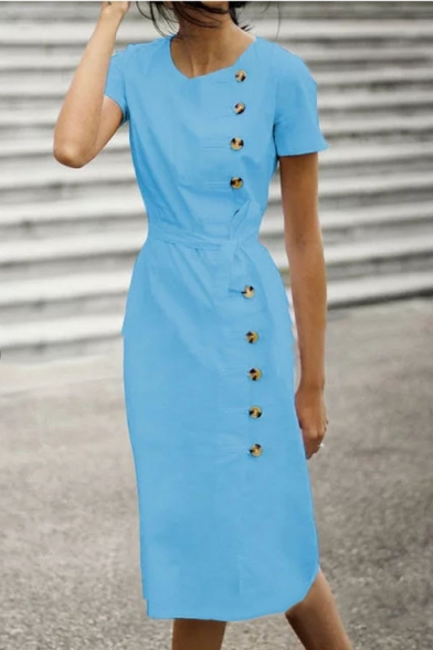 Women's Elegant Simple Plain Button Side V-Neck Short Sleeve Tied Waist Midi Sheath Dress