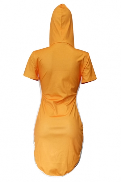 Women's Letter Girl Face Printed Yellow Mini Drawstring Hood Dress
