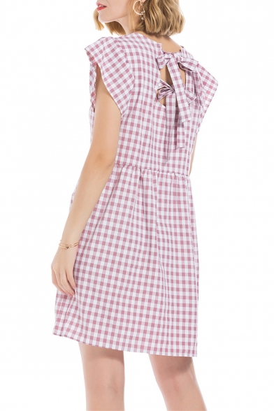 Women's New Trendy Plaid Print Short Sleeve Round Neck Mini Babydoll Pink Dress