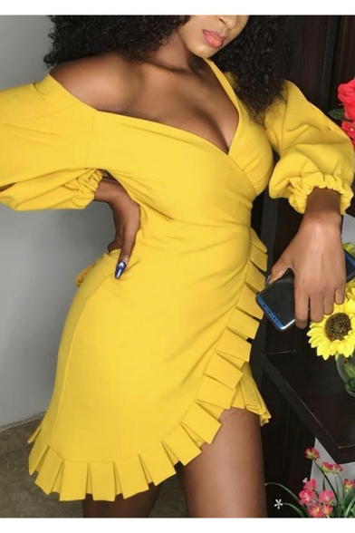 Women's New Trendy Plain One Shoulder Plunge Neck Bow Back Mini Asymmetric Yellow Dress