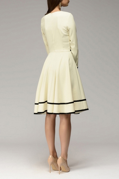 Women's Stylish Round Neck Long Sleeve Plain Fitted Midi Pleated Beige Dress