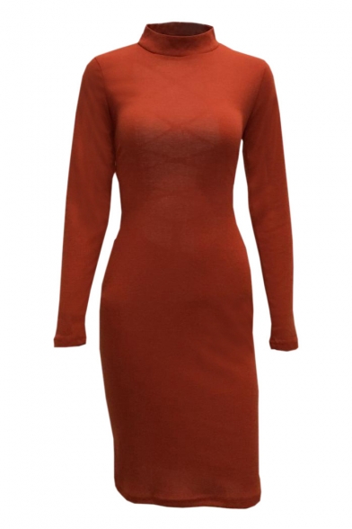 Women's Trendy High Neck Long Sleeve Sexy Hollow Out Crisscross Back Plain Orange Midi Pencil Dress