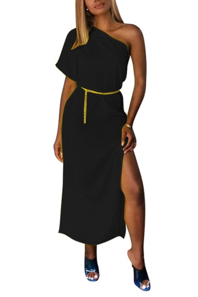 Women's Trendy Sexy One Shoulder Short Sleeve Plain Tide Waist Split Hem Midi A-line Dress