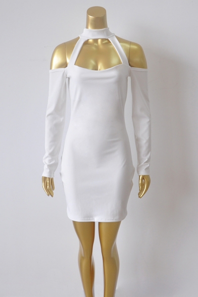 Womens Basic Simple Plain Halter Neck Cutout Cold Shoulder Long Sleeve Mini Cream White Pencil Dress