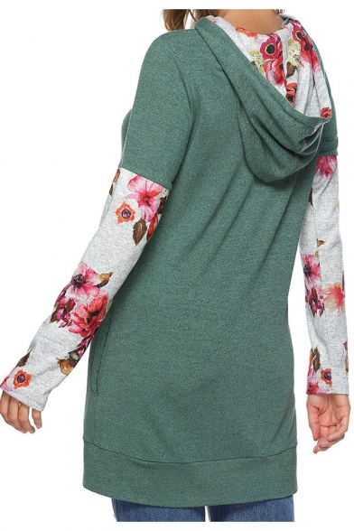 Womens Fashion Floral Print Long Sleeve Slim Fit Tunic Hoodie