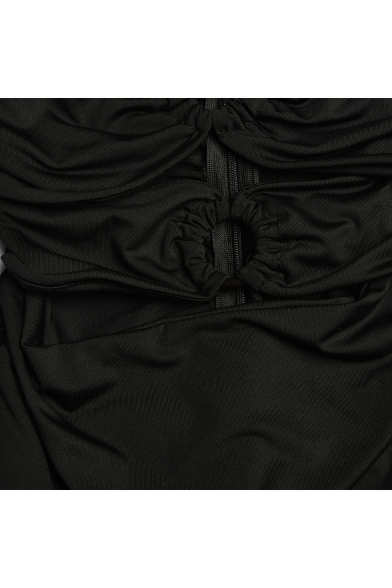 Womens Sexy Strapless Cutout Front Zipper Back Plain Mini Pleated Bodycon Club Bandeau Dress