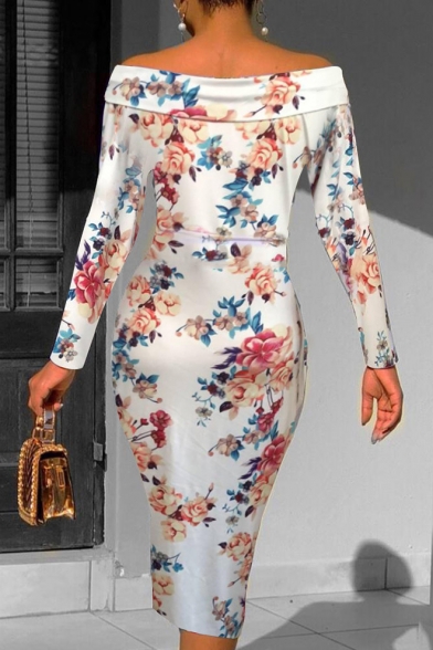 Womens Sexy V Neck Long Sleeve Floral Print Midi Bodycon Dress