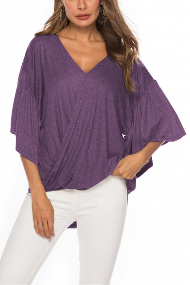 Womens Stylish Simple Plain Ruffled Sleeve V-Neck Twist Hem Casual Loose T-Shirt