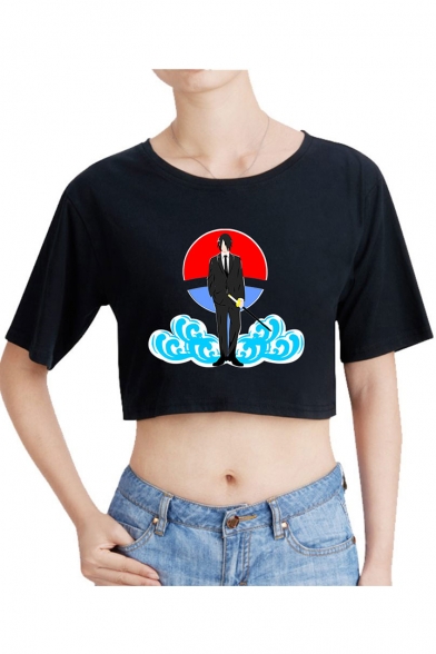 Womens Summer Fashion Comic Anime Character Cloud Print Short Sleeve Crop T-Shirt