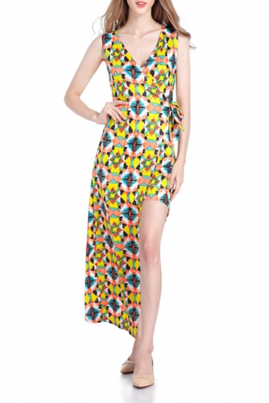 Womens Summer Fashion Yellow Printed V-Neck Sleeveless Tied Waist Maxi Asymmetrical Dress