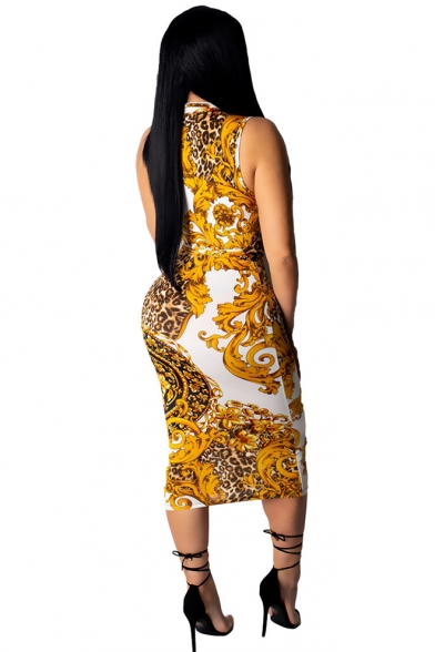 Yellow Leopard Tribal Printed Zip Front Plunge Neck Sleeveless Bow Tie Midi Pencil Dress