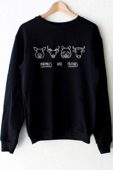 ANIMALS ARE FRIENDS Letter Cartoon Pig Cow and Deer Rabbit Printed Round Neck Long Sleeve Sweatshirt