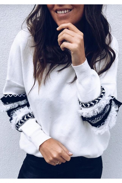Basic Round Neck Ruffled Patched Long Sleeve Casual Loose Pullover Sweatshirt