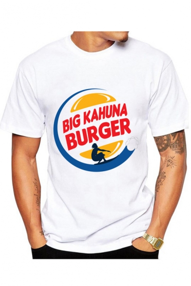 Big Kahuna Burger Letter Figure Printed Round Neck Short Sleeve White T-Shirt