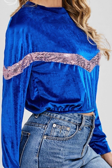 Blue Pleuche Sequined Embellished Round Neck Long Sleeve Cropped Sweatshirt