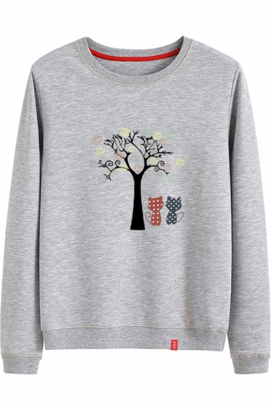 Cartoon Cats Tree Floral Print Round Neck Long Sleeve Sweatshirt