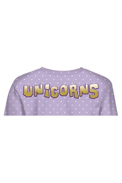 Cartoon Unicorns Moon Printed Basic Round Neck Long Sleeve Purple Sweatshirt