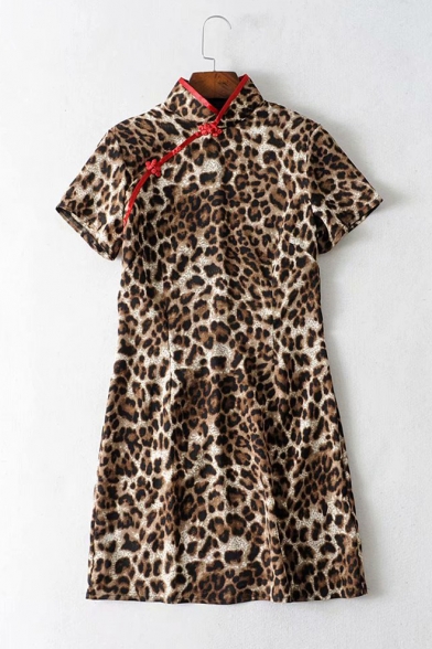 Chic Retro Chinese Style Frog Button Stand Collar Short Sleeve Khaki Leopard Print Mini Sheath Dress