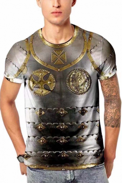 Cool 3D Iron Pattern Mens Round Neck Short Sleeve Grey T-Shirt