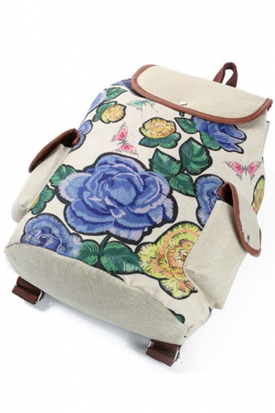 Designer Floral Pattern Beige School Backpack with Side Pockets 28*11*39 CM