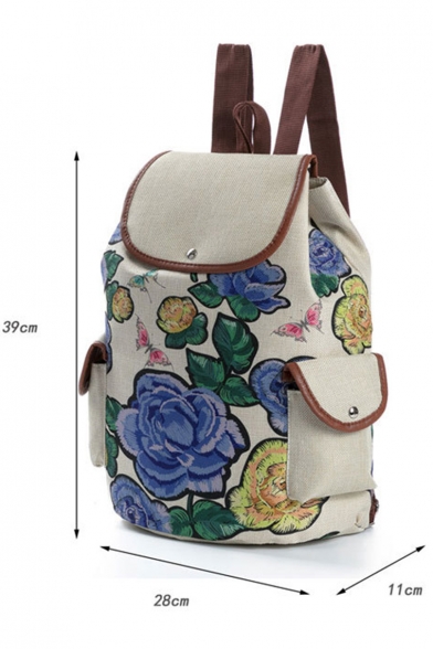 Designer Floral Pattern Beige School Backpack with Side Pockets 28*11*39 CM