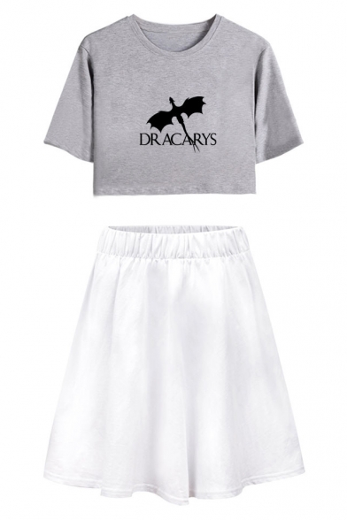 DRACARYS Dragon Pattern Round Neck Short Sleeve Crop Tee with A-Line Skirt Two-Piece Set