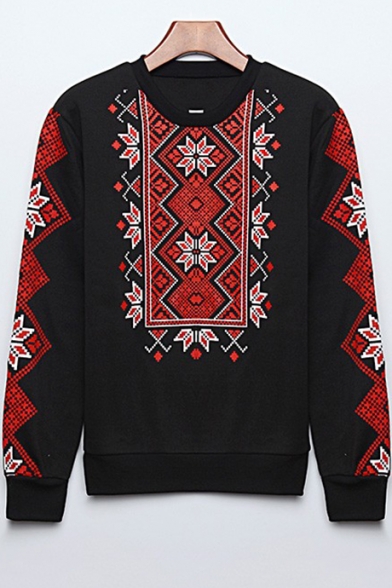 Ethnic Geometric Print Round Neck Long Sleeve Fleece Sweatshirt
