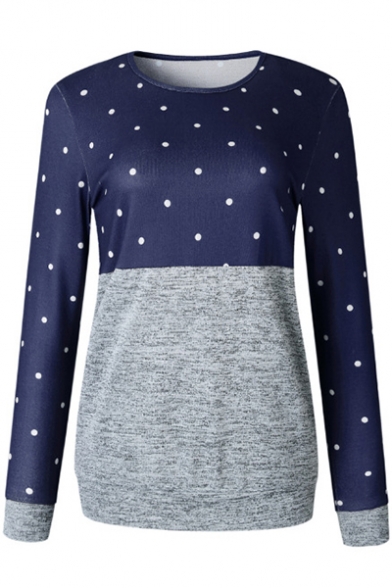 Fashion Color Block Trendy Polka Dot Print Round Neck Fitted Sweatshirt