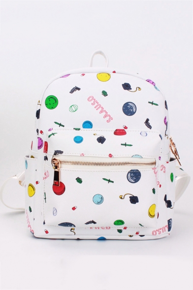 Fashion Letter Emoji Printed White PU Leather Zipper School Bag Casual Backpack 26.5*12*35 CM