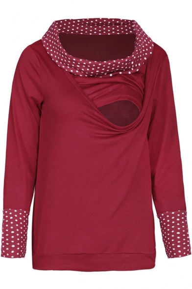 Fashion Polka Dot Printed Cowl Neck Maternity Nursing Casual Sweatshirt