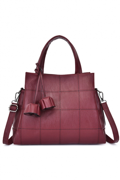 Fashion Solid Color Plaid Sewing Thread Floral Embellishment Satchel Shoulder Bag 32*12*25 CM