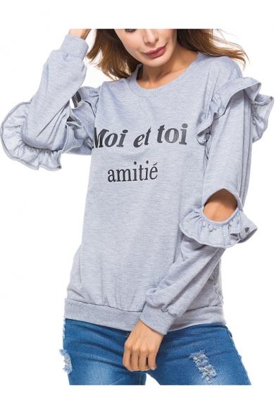 Fashion Women's Letter MOI ET TOI Print Round Neck Hollow Out Ruffle Design Long Sleeve Gray Loose Fit Sweatshirt