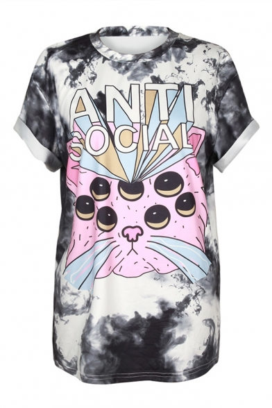 Funny ANTI SOCIAL Cartoon Cat Pattern Round Neck Short Sleeve Longline T-Shirt