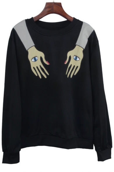 Funny Cool Eye Hand Printed Womens Long Sleeve Round Neck Black Loose Fit Sweatshirt