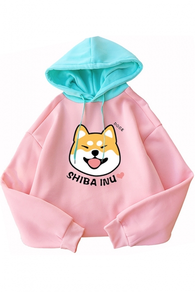 Funny Cute SHIBA INU Dog Printed Fashion Colorblocked Long Sleeve Pink Hoodie