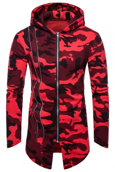 Guys Hip Hop Style Fashion Camouflage Pattern Zipper Front Longline Slim Hoodie